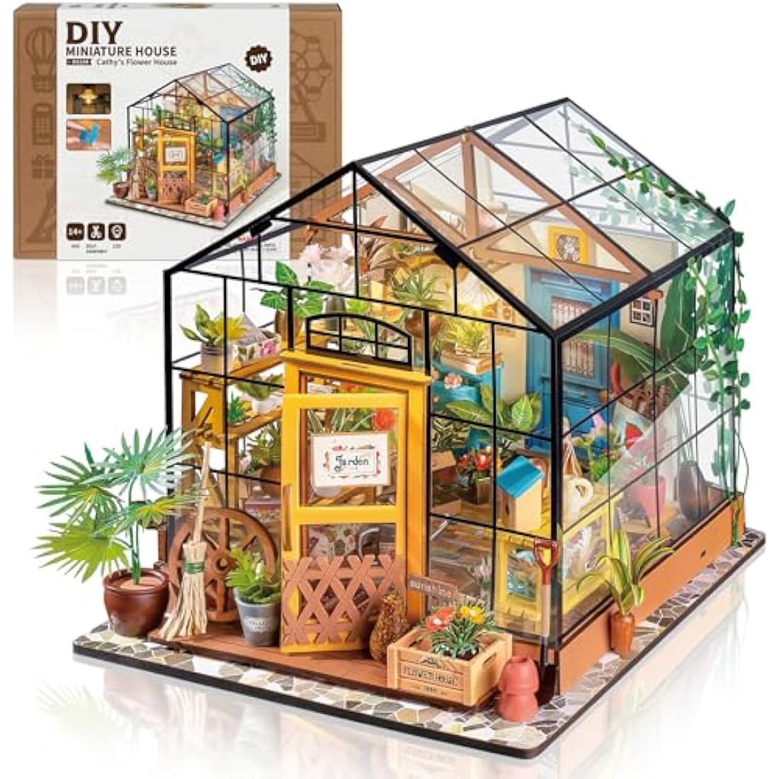 ROBOTIME DIY Doll House kit Cathys Flower House, Miniature Greenhouse Craft Kit for Adults, Mini Diorama Room with Furniture, Educational Toys