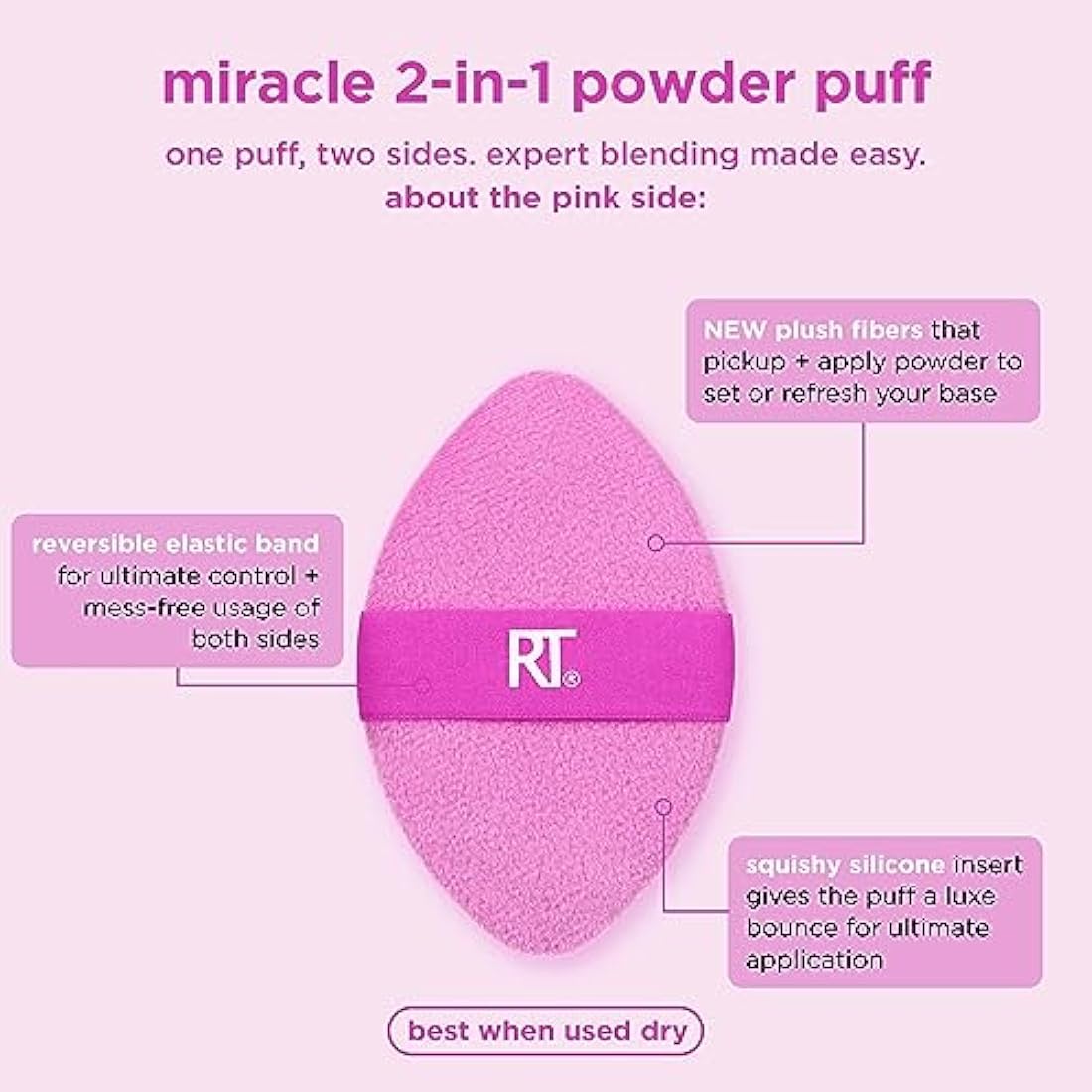 Real Techniques Miracle 2-In-1 Powder Puff, Dual-Sided, Full-Size Makeup Blending Puff, Reversible Elastic Band, Precision Tip Makeup Sponge and Powder Puff, For Liquid, Cream and Powder, 2 Count
