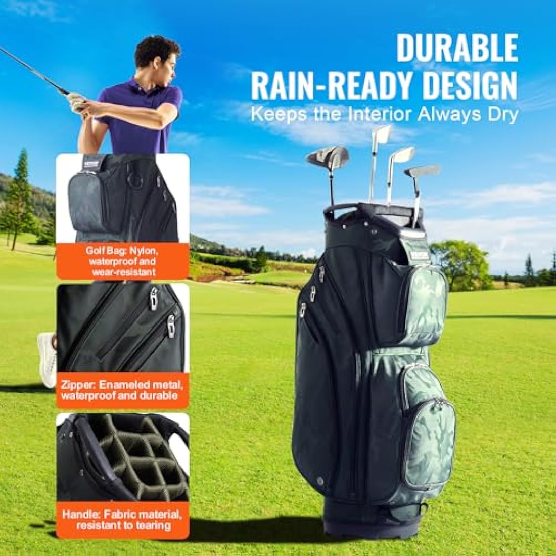 VEVOR Golf Cart Bag with 14 Way Organizer Divider Top, 36” 11 Pockets Premium Nylon Cart Bag, Durable Golf Bags with Handles & Dust Cover & Detachable Straps for Men & Women, Army Green