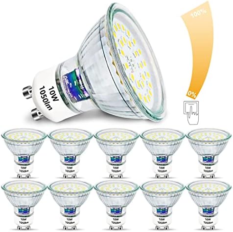 Unikcst GU10 LED Bulbs Dimmable 10W Cool White Spotlight Replaces 100W Halogen Bulbs 1050lm 6000K LED Spot Lights 240V No Flickering,Pack of 10
