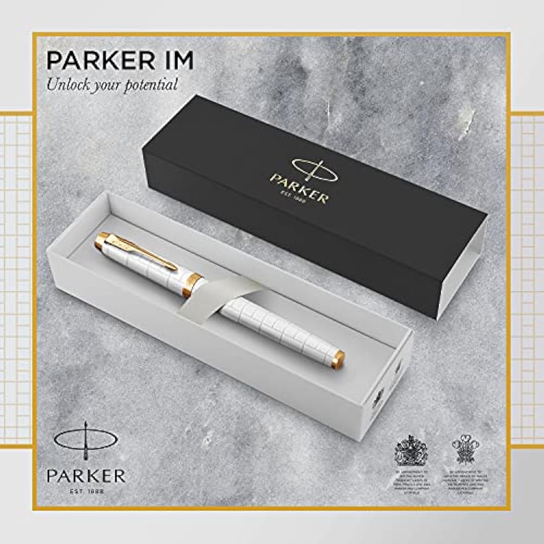 Parker IM Fountain Pen | Premium Pearl Lacquer with Gold Trim | Fine Point with Blue Ink Cartridge | Gift Box