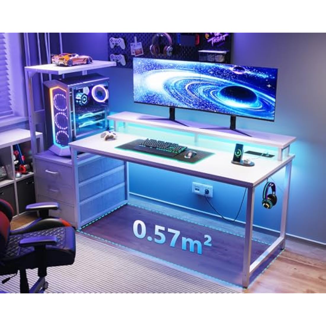Coleshome 150×50 cm Gaming Desk with LED Lights & Power Outlet, Reversible Computer Desk with Drawers, Gaming Table with Storage & Monitor Stand, Carbon Fiber White