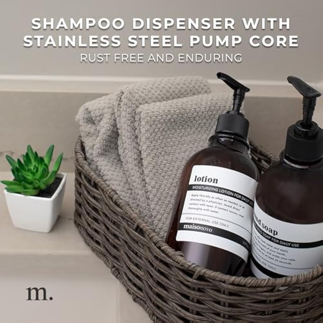 MaisoNovo Refillable Shampoo and Conditioner Bottles - Set of 3, 500ml Amber Plastic Bottle and Black Pump - Shampoo and Conditioner Bottles with Labels - Shower Gel Dispenser