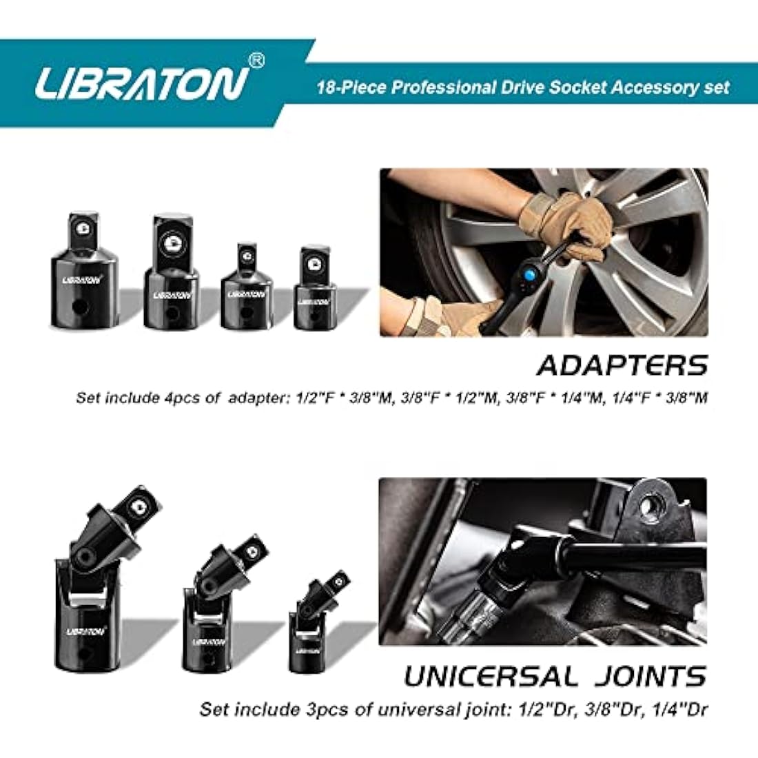Libraton Extension Bars, 3/8 1/2 1/4 Extension Set, Spanner Extensions, with Socket Adapters, Socket Extensions, Universal Joints, Impact Coupler, Professional Socket Accessories, Cr-V