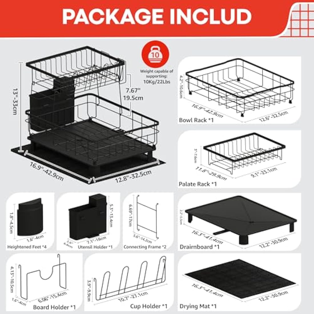 RebelEver Dish Drainer Rack - Draining Board Rack - Sink Drainer Rack - Plate Rack - Driying Rack Kitchen - Dish Drying Rack with Drainage Pipe to the Sink - Drying Mat included (2 Tier)