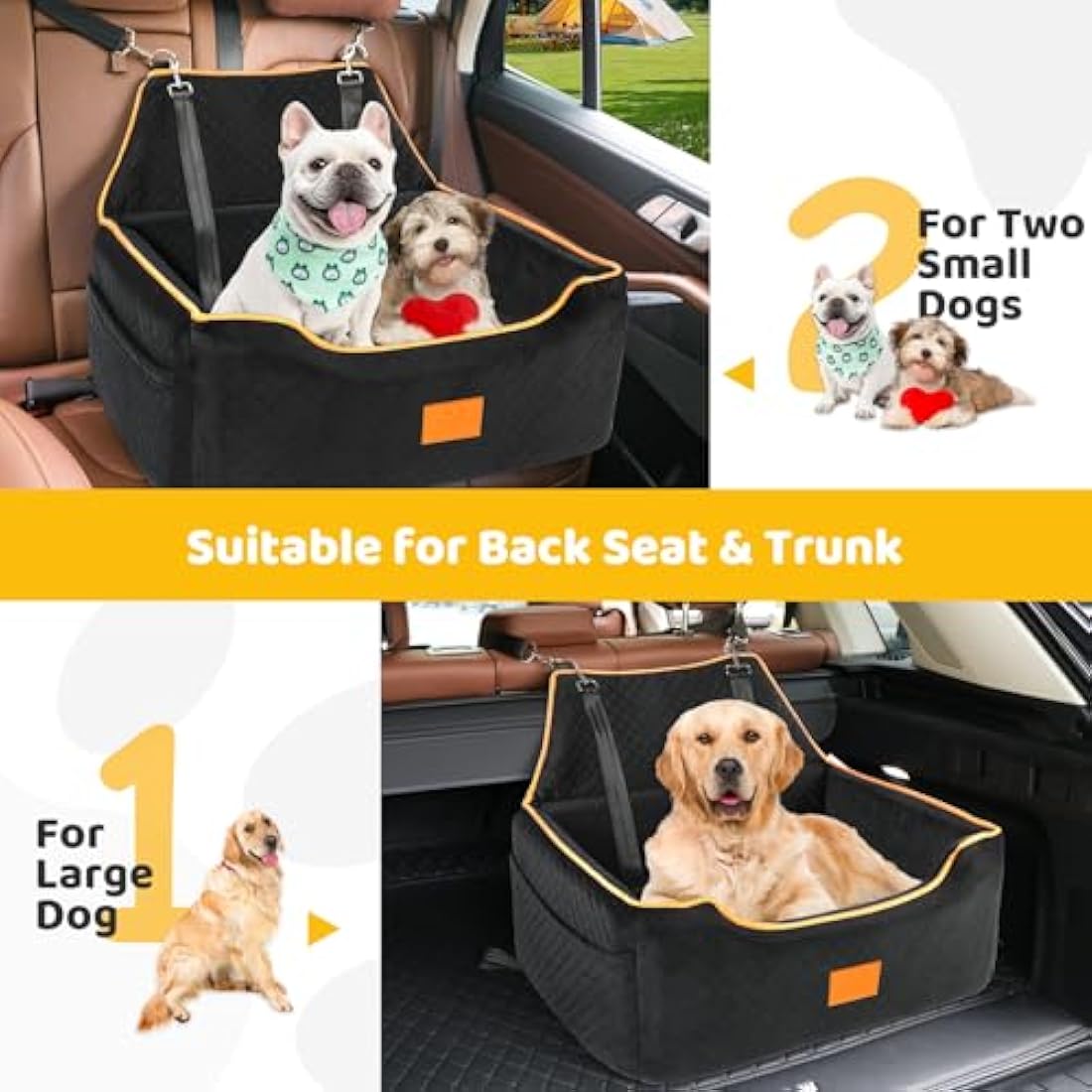 GL GLENSLAVE Dog Car Seat for Large/Medium Dogs, Dog Booster Seat for Pet Under 55Lbs or 2 Small, Detachable and Washable Travel Pet Bed with Thick Cushion and Storage Pockets (Black)