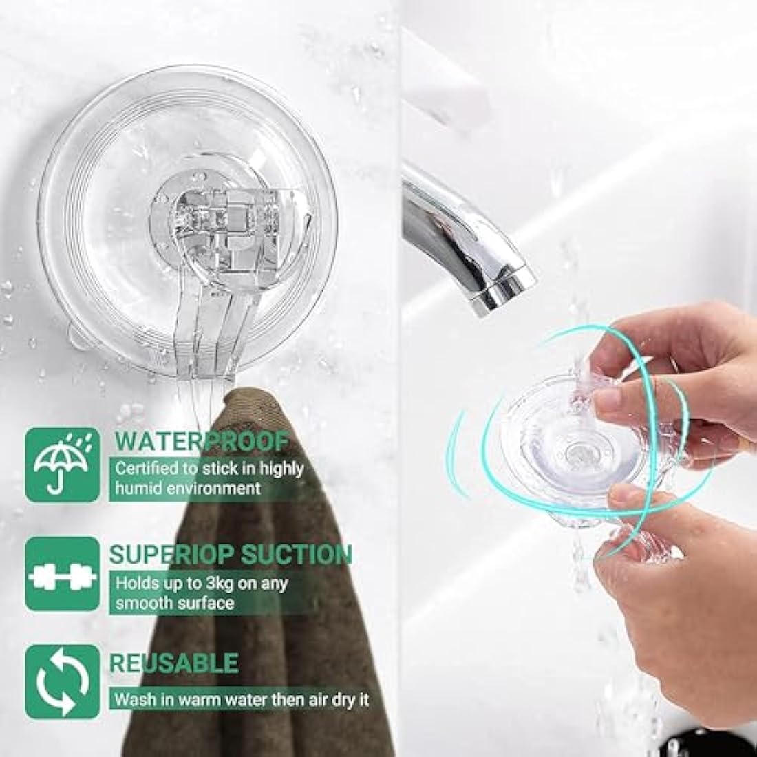 GlobaLink Suction Hooks, Clear Reusable Heavy Duty 3KG Vacuum Suction Cup Hooks, Plastic Suction Hanger Vacuum Seamless Sucker Hook for Bathroom Kitchen Window Bags Coats Xmas Wreath, 2 Pack
