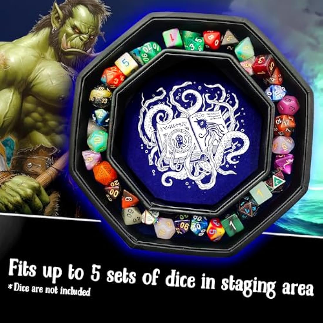 Fantasydice-CTHULHU TOME-BLUE- Dice Tray 20CM Octagon with Lid and Dice Staging Area- Holds 5 Sets(7 Dice Set/Standard) for All Tabletop RPGs Like D&D, Call of Cthulhu, Shadowrun.