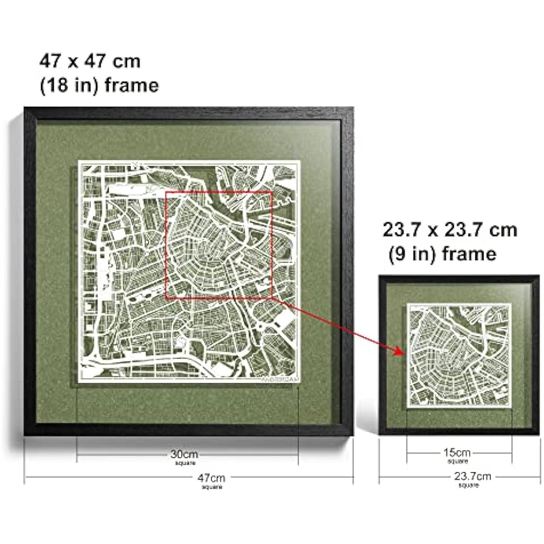 O3 DESIGN STUDIO Amsterdam Marco de Papel para mapas, White map, Black frame, 9x9 inches, Gift Boxed, 4 background color, self-changing, Paper Art