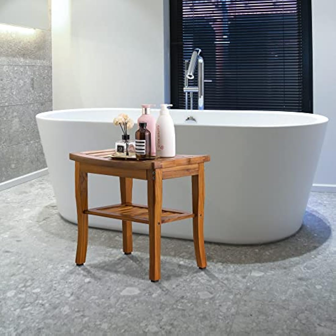 VaeFae Teak Shower Bench, Spa Bath Shower Stool with Storage Shelf, Wooden Seat Stool for Bathroom