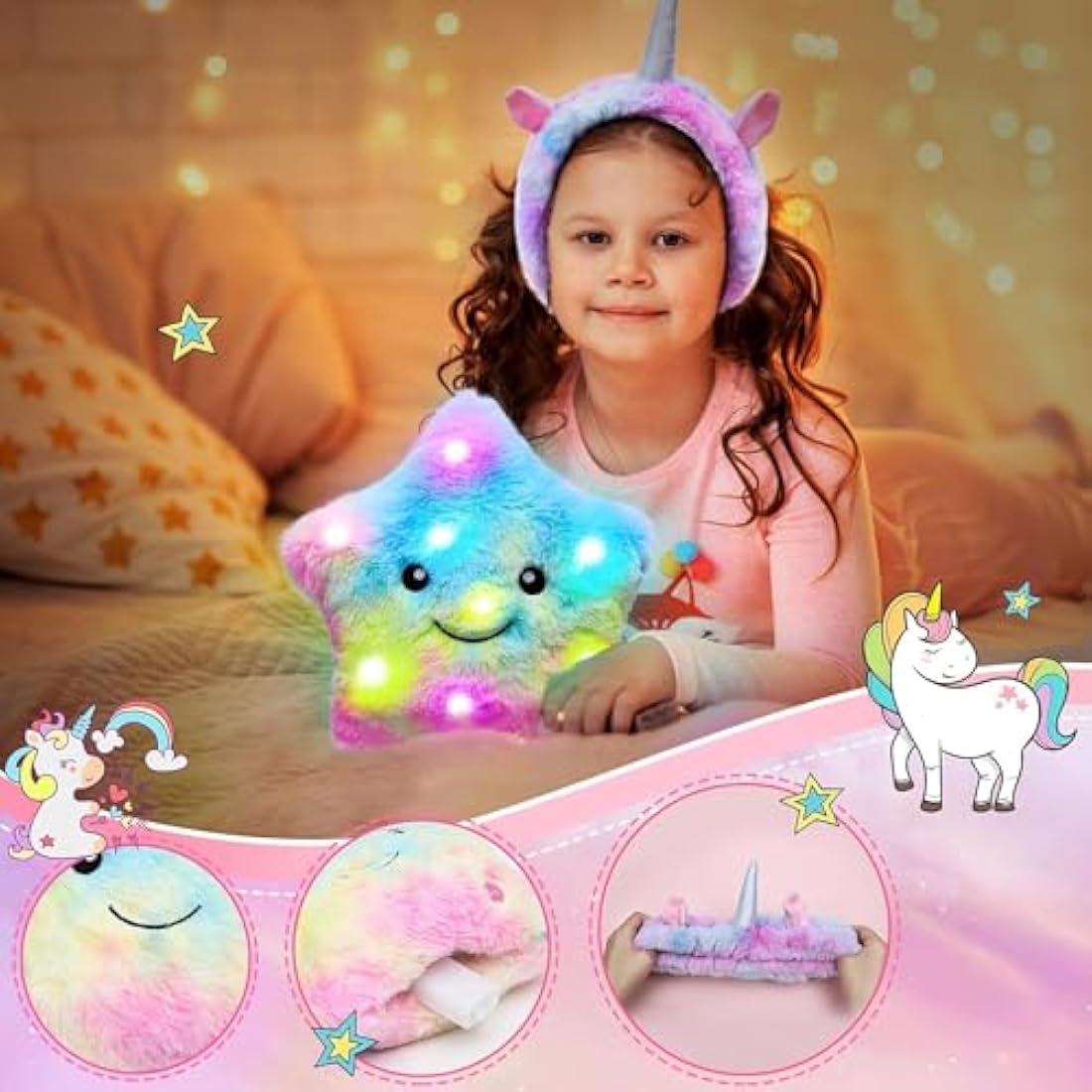 Latocos Unicorn Gifts for Girls Age 4 5 6 7 8 with Light Up Star Throw Pillow Plush Diary with Locks Pen Eye Mask Headband Water Bottle Bracelet Unicorn Toys Kids Birthday Christmas Stocking Fillers