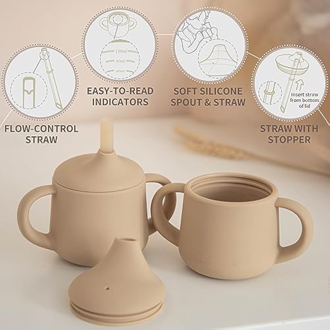 Moonkie Silicone Baby Sippy Cup 6+ Months with 2 Straws (Free Flow & Leak-Proof Valve) | 3 Stage Transition | Baby Water Bottle | BPA Free & Dishwasher Safe | 120ml(Croissant)