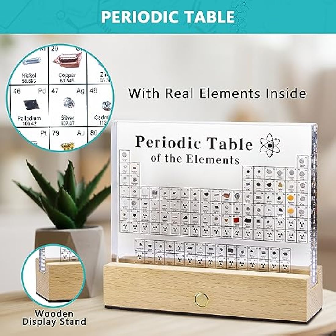 MegaBox Periodic Table With 83 Kinds Of Real Elements With Wooden Stand, Perfect Science Teacher Gift (Regular 6.0 X 4.5 in)