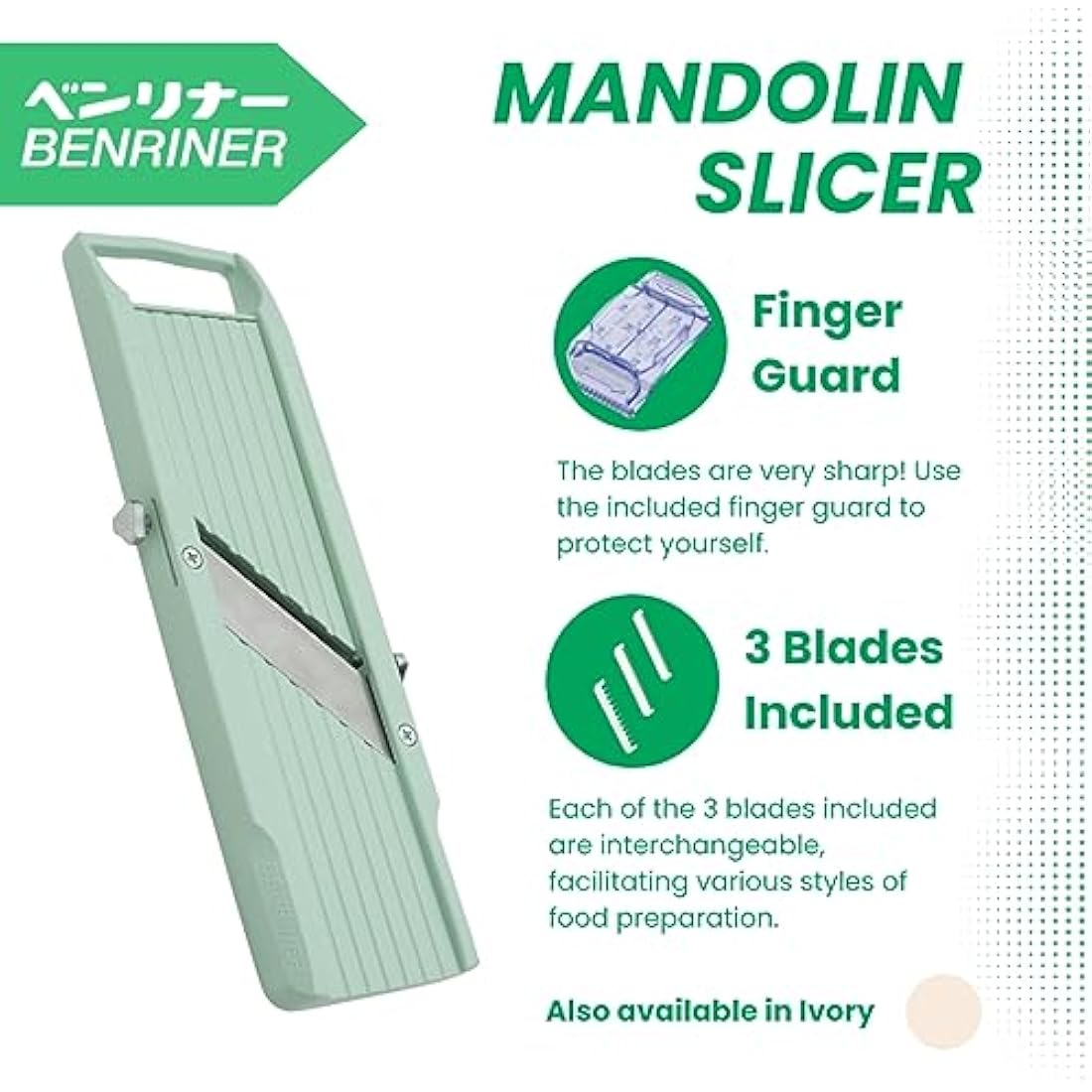 Benriner BN-1GR Japanese Handheld Mandolin Slicer with Three Interchangeable Stainless-Steel Blades-Ivory, Vegetable Fruit Cutter Peeler, Stainless Steel, Green