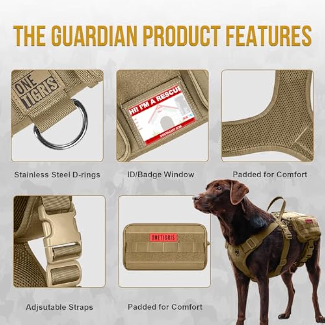 OneTigris Service Dog Vest Harness, Service Dog Cape Guardian Dog Molle Backpack with Pouches for Medium and Large Dogs (Brwon, M)