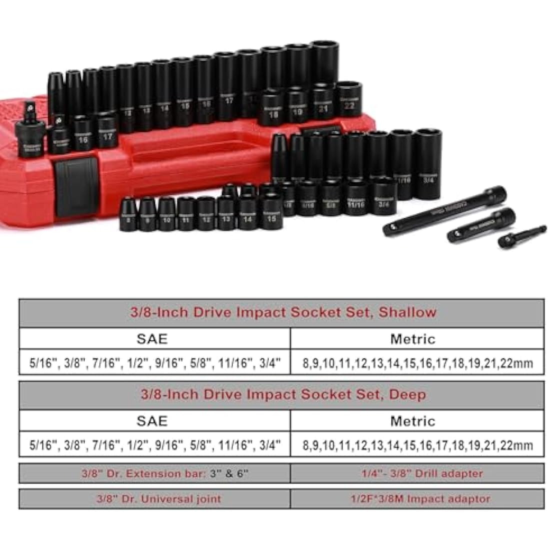 CASOMAN 3/8" Drive Impact Socket Set, 49 Piece Standard SAE and Metric Sizes (5/16-Inch to 3/4-Inch and 8-22 mm), 6 Point, Cr-V Steel Socket Set