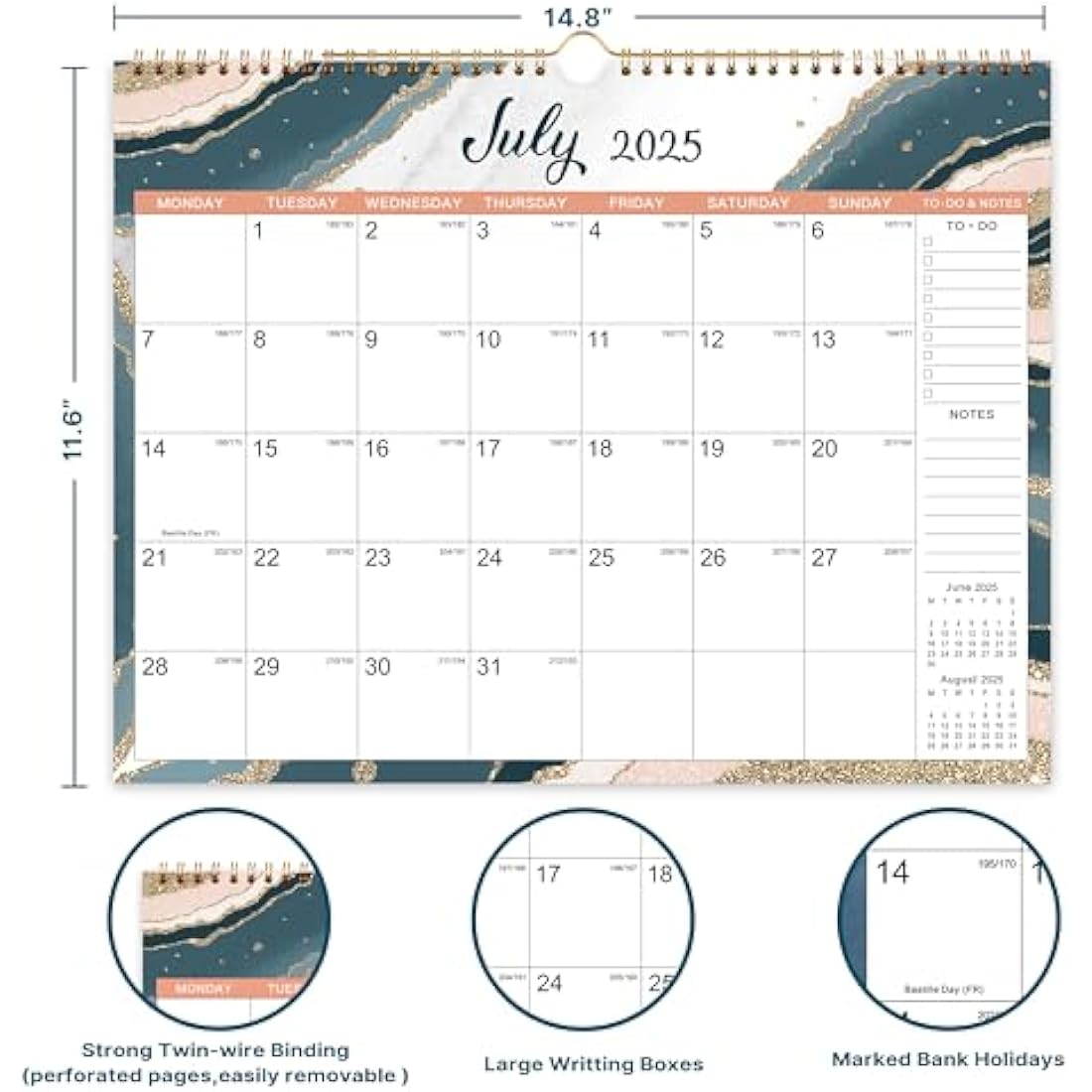 Calendar 2025-2026 - Wall Calendar 2025-2026, 18 months Calendar, Mar. 2025 - Aug. 2026, Six Different Patterns, Twin-Wire Binding, Hanging Hook, 37.6 x 29 cm