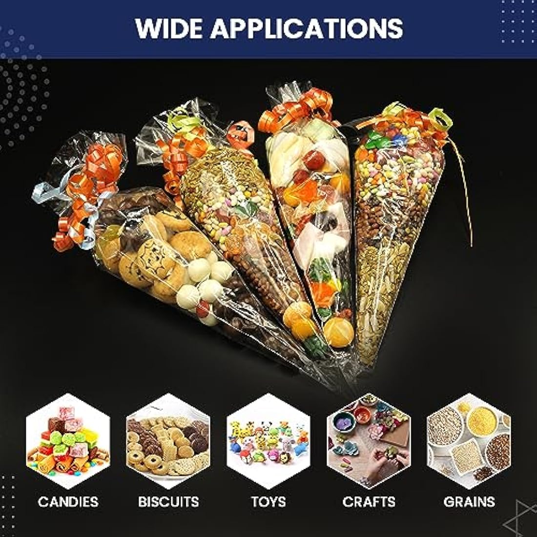 Sweet Cone Bags with Twist Ties and Ribbons, 100Pcs Cellophane Crystal Clear Sweet bags, Triangle Sweet Party Cones Bags Perfect for Halloween, Christmas and many more (16x30cm - Pack of 200)