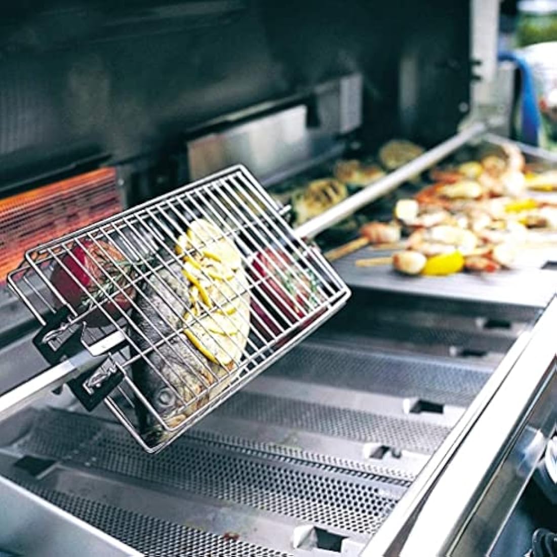 Onlyfire BRK-6042 Stainless Steel Flat Spit Rotisserie Grill Basket Fits 1/2” Hexagon, 3/8" Hexagon, 3/8" Square & 5/16" Square Rotisserie Spit Rods