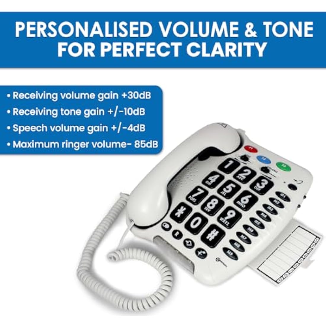 Geemarc CL100 - Big Button Corded Telephone with Loud Receiving Volume and One-touch Memories for Seniors - Hearing Aid Compatible - Low to Medium Hearing Loss - UK Version