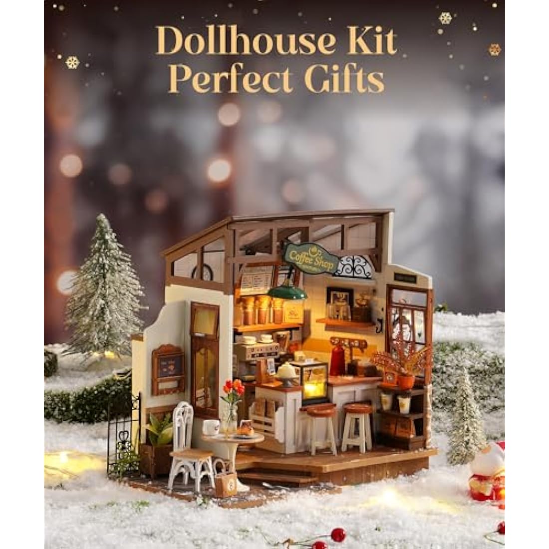 ROWOOD Doll House Kit Coffee House, DIY Miniature House Craft Building Room, Wooden Model Kits with Accessories for Adults and Teens to Build, for Christmas and Birthday