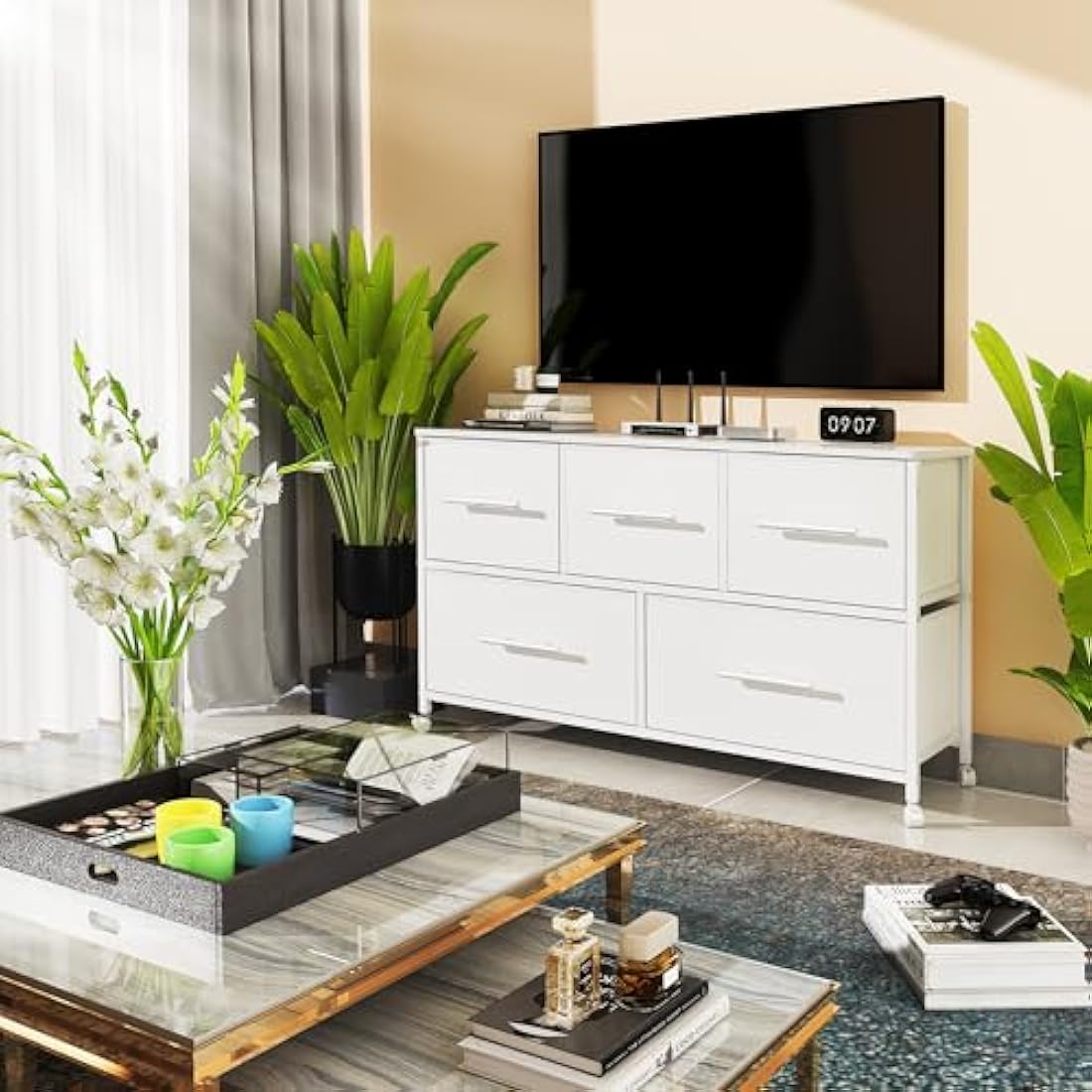 MYGIIVOVO Chest of Drawers, Dresser for Bedroom with 5 Fabric Drawers, TV Stand with 4 Castors, Storage Organizer Unit for Living Room Kids Room (White)