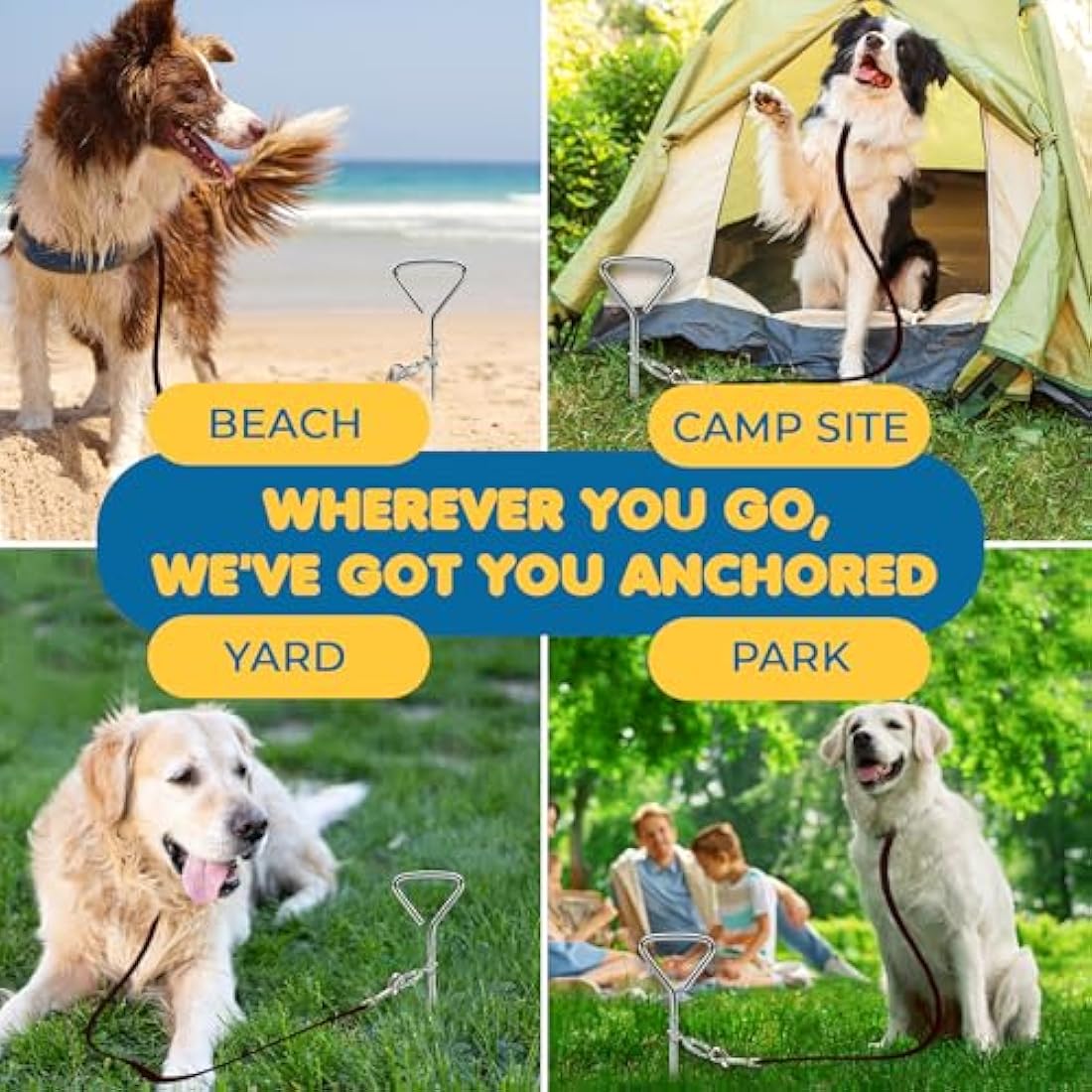 SunGrow Heavy-Duty Steel Dog Tie-Out Cable and Stake, Spiral Ground Anchor Spike with 360° Rotating Ring, Dog Tether Travel Accessories, Outdoor Yard Camping Accessories for Dogs up to 80 Pounds