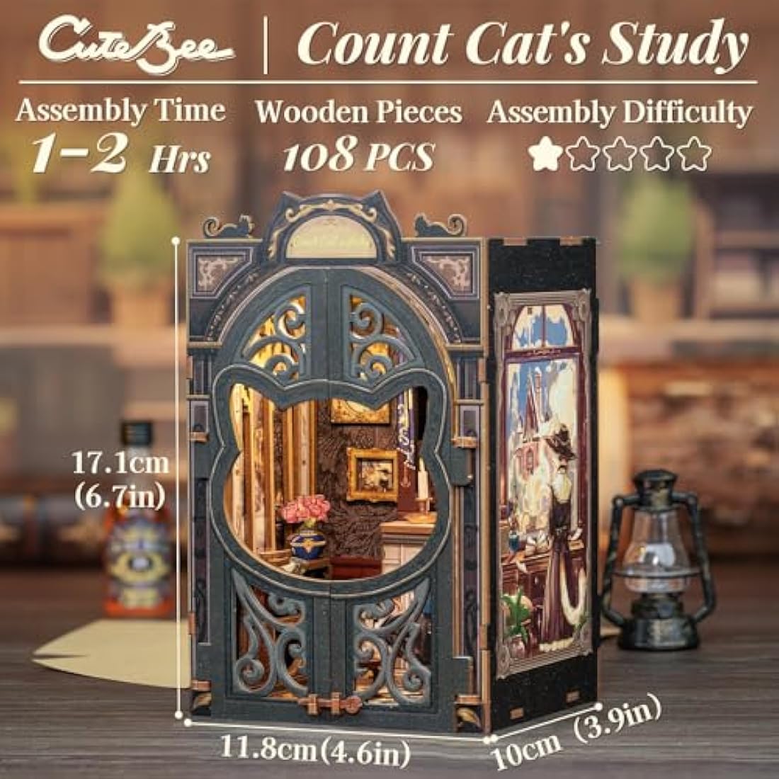 CUTEBEE Book Nook Kit-DIY Miniature House Kit for Adults,Dollhouse Bookshelf Decor 3D Wooden Puzzle Bookend Craft Model Kits for Adults to Build Gift(Count Cat's Study)
