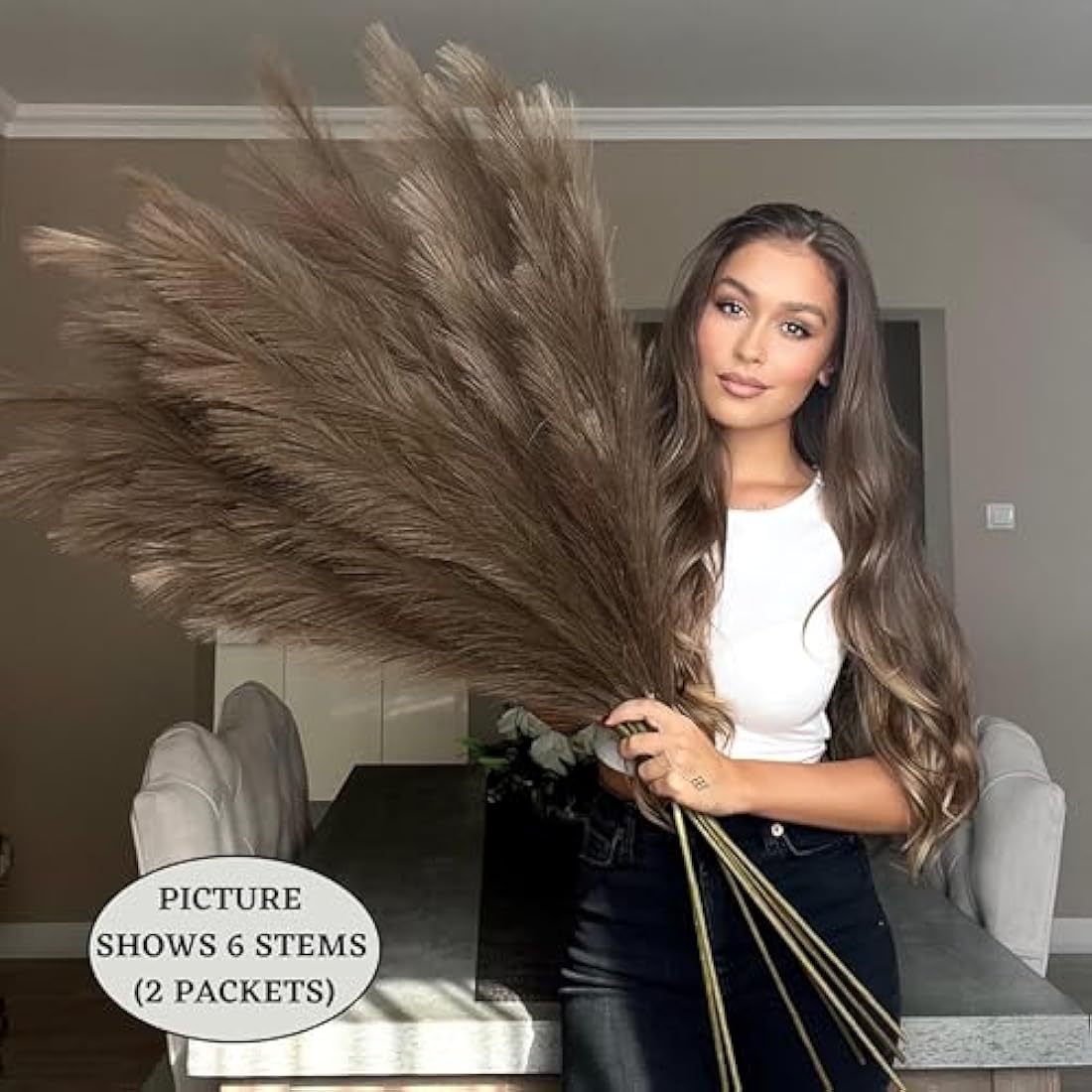 VOULUX Extra Large Tall Dark Brown Fake Faux Artificial Pampas Grass Large Fluffy x3 115cm Stems x18 Decorative Artificial Flora Feathers For Floor Vases Tall Plant Flowers Long Pampas Grass