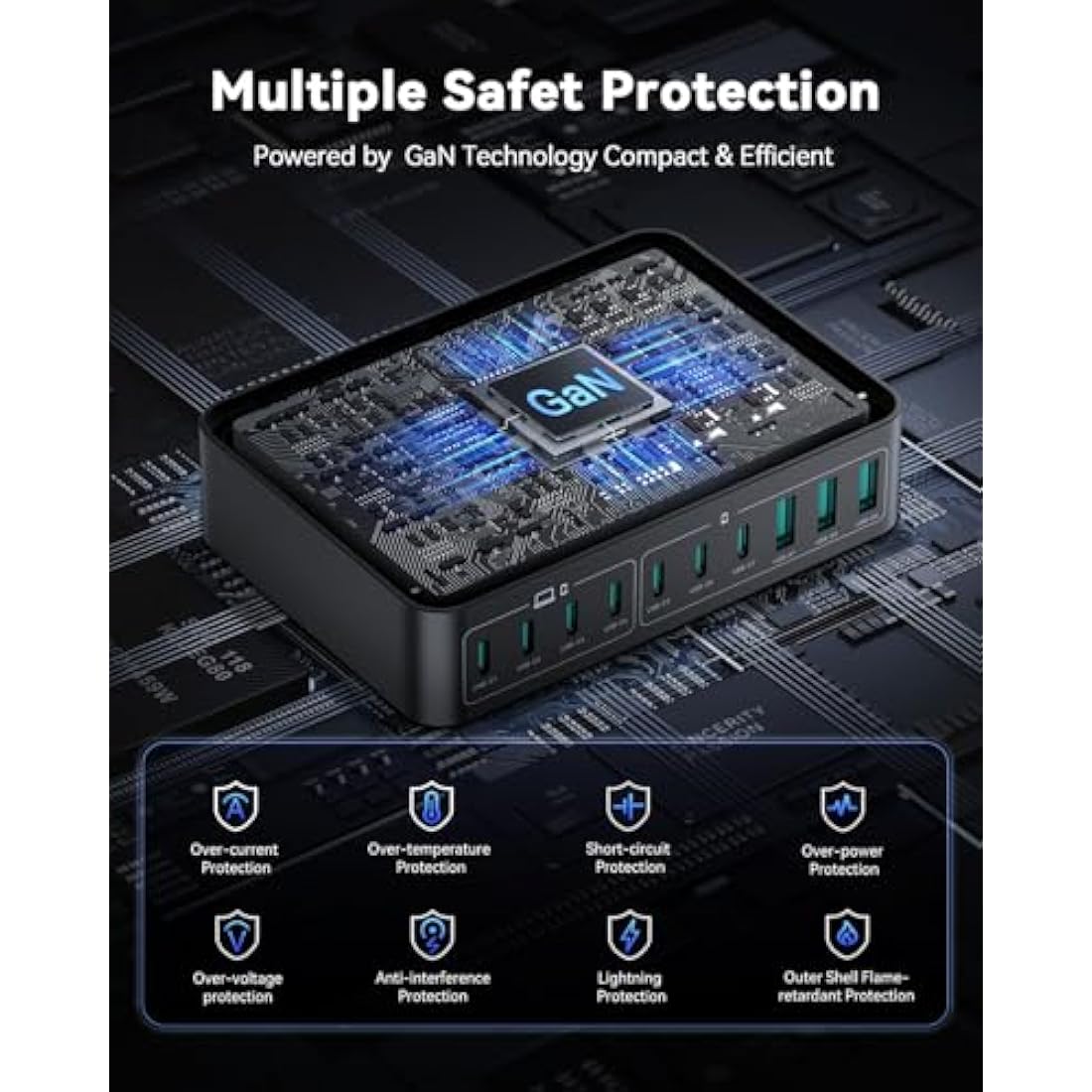 Rocoren 480W GaN USB C Charger Multiple, 10-Port PD100W QC4.0 PPS 4-Laptop Charger Station with 1.5m UK Extension Cord Compatible with MacBook, HP, iPad, iPhone, Sumsung Galaxy and More USB C Laptops