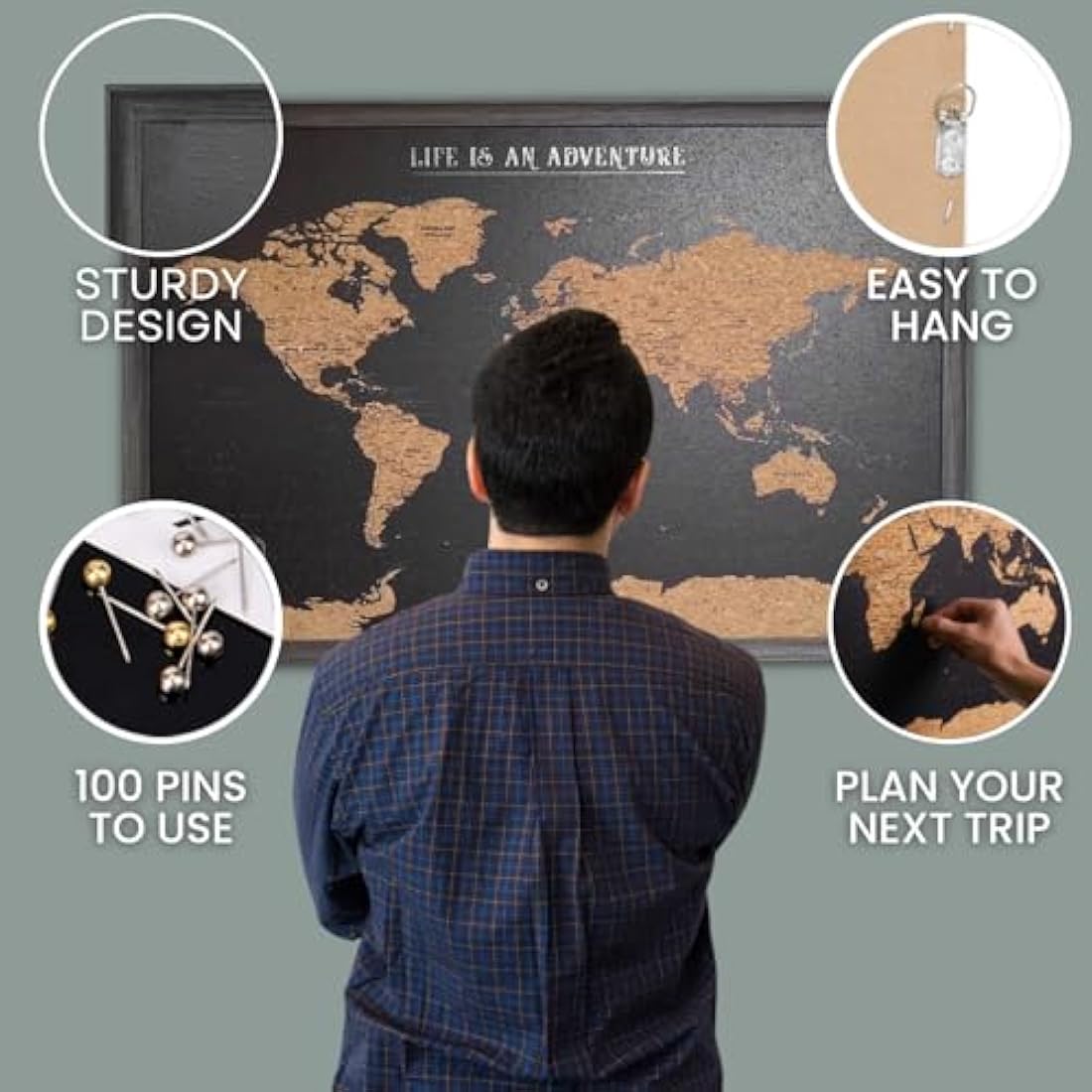 Splosh Large Maps. World Map Pin Board in Black, Wooden Frame. World Map Cork Board with 100 Pins in 2 Colours to Mark Your Past and Future Adventures. Framed World Maps for Wall. (Black)