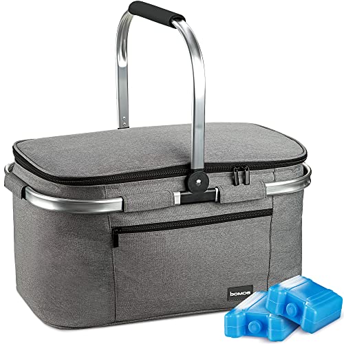 bomoe Insulated Picnic Basket ? Foldable Thermal Basket 32 Litre ? Thermal Cooler Bag with 2 Ice Packs Picnic Cool Bag with 16h Cooling Function &