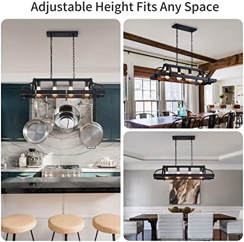 WUZUPS 4-Light Metal Pot Hanging Rack Chandelier Linear Pendant Ceiling Lighting Rustic Farmhouse Fixture Kitchen Island Dining Room, H25 x L88 x W30, E27 Base, Black