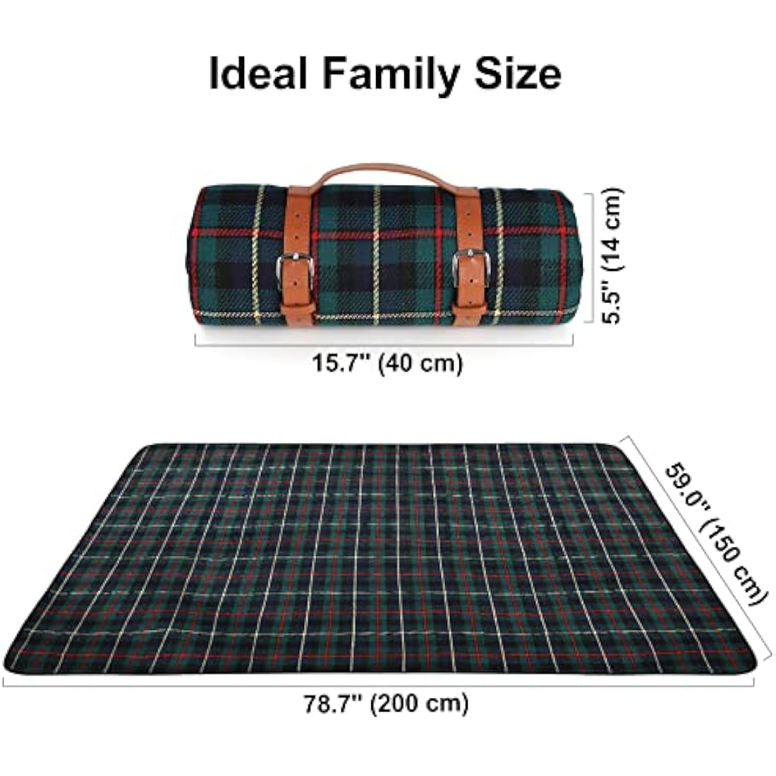 Ben & Bel Water/Sand/Dirt-resistant Picnic Blanket with PU Handle, Outdoor-Ready Dark Green Square, 150x200cm XL