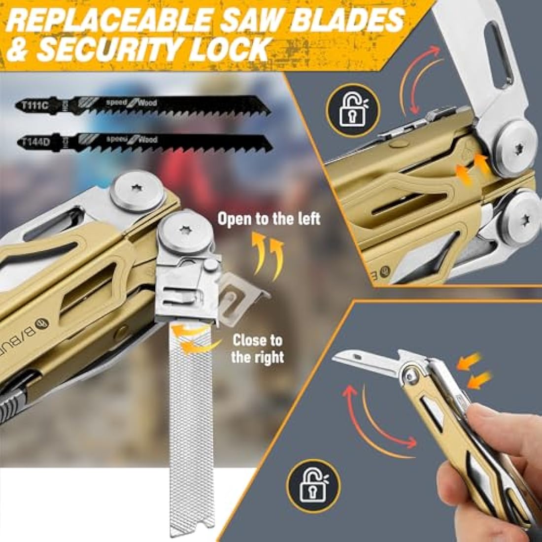BIBURY Multitools, Multi Tool Foldable Pliers with Upgraded Scissors and Screwdriver Set, Stainless Steel Multitools, Ideal for Camping, Outdoor, Repairing -Gift for Dad Men -Titanium Plating Gold Pro