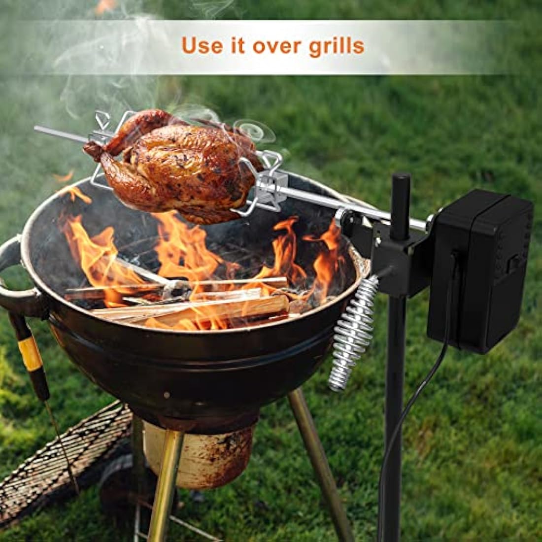 onlyfire BBQ Rotisserie Grill Kit Floor Stand Spit Roaster including Rotisserie Basket, Spit Forks, Battery Motor with Power Adapter, Car Charging Cable, Carrying Bag for Outdoor Camping Barbecue