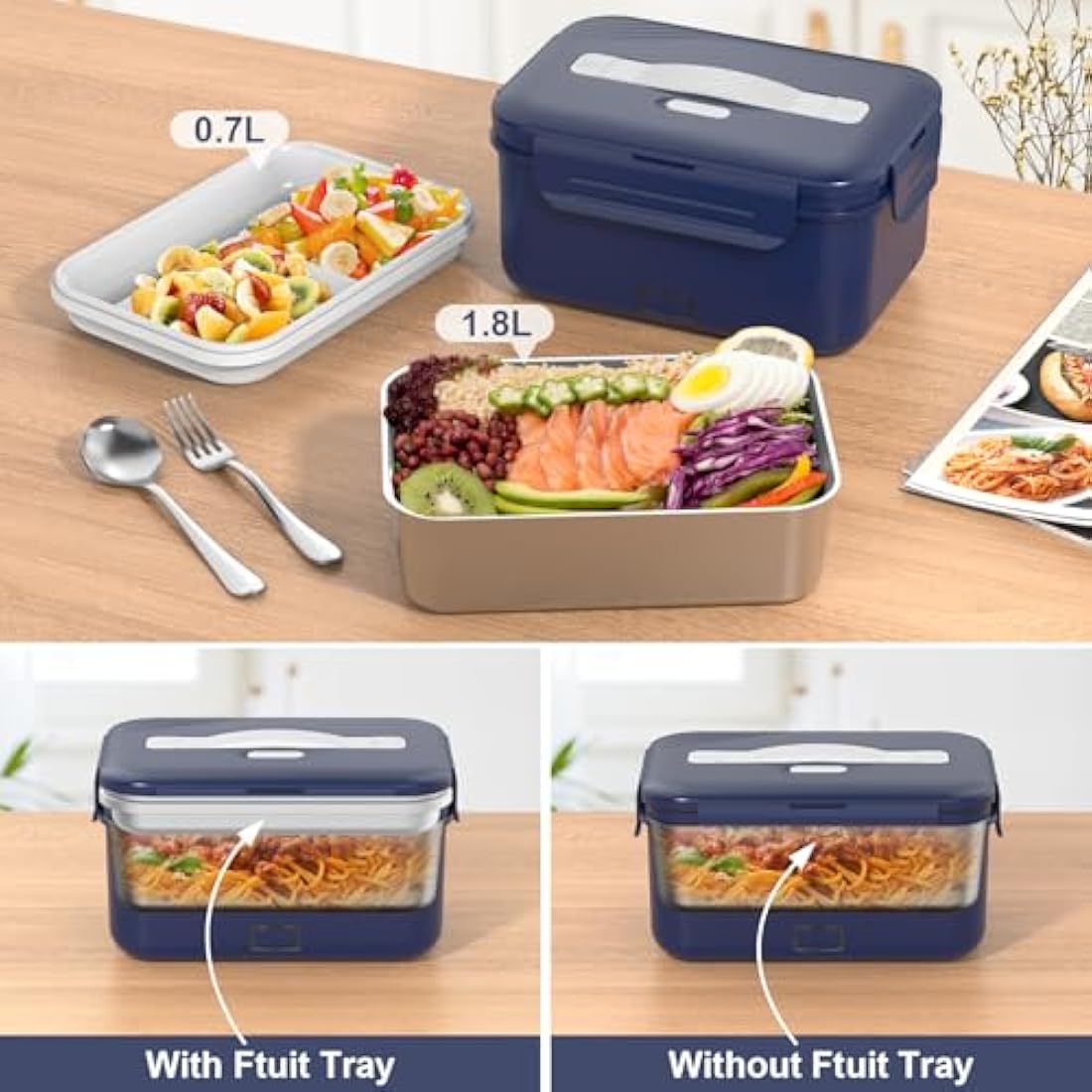 Vabaso 100W Electric Lunch Box for Adults with Insulated Lunch Bag, Spoon and Fork, Heated Lunch Box with Fruit Compartments, 1.8L Large Capacity, Thermal Lunchbox for Car, Truck, Office Dark Blue