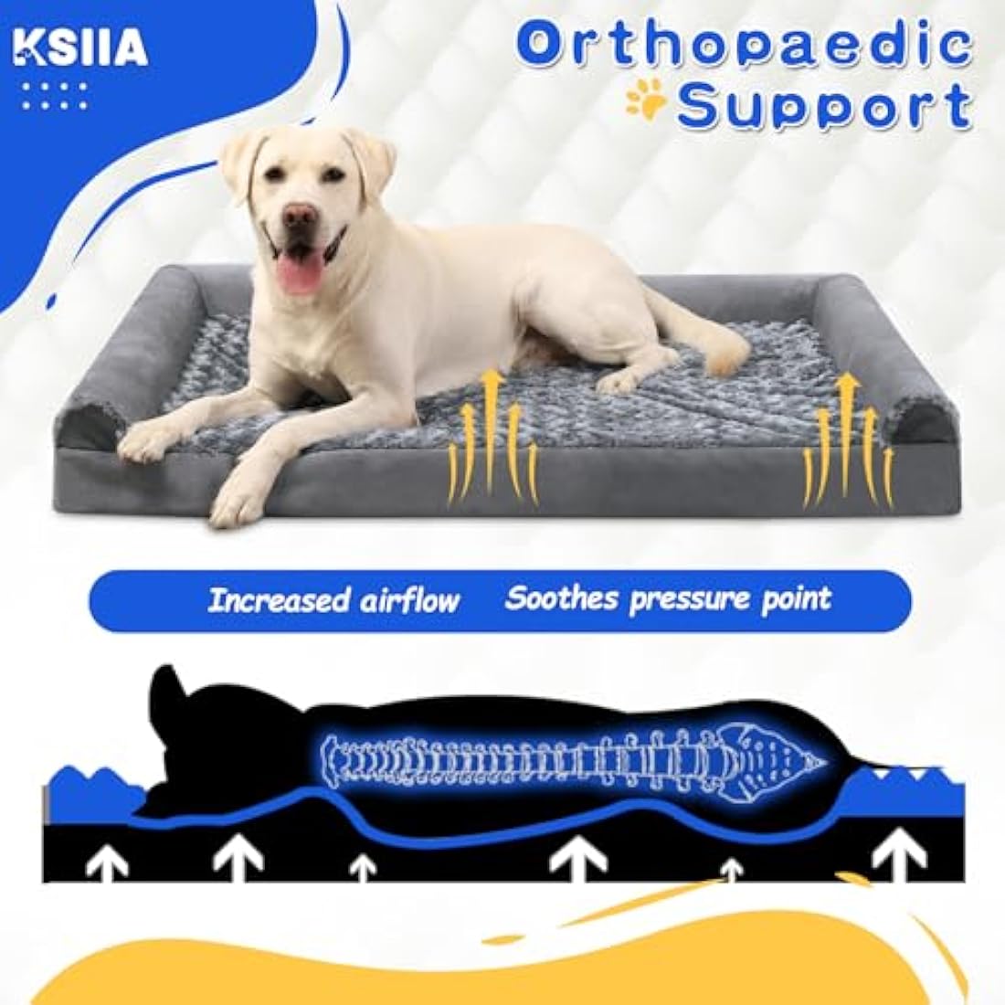 KSIIA Large Dog Bed, Orthopedic Dog Sofa Beds Pet Bed, Dog Couch with Removable Washable Cover, Waterproof Dog Bed, Pet Sofa with U-Shape Bolster, Grey 91x68x16cm