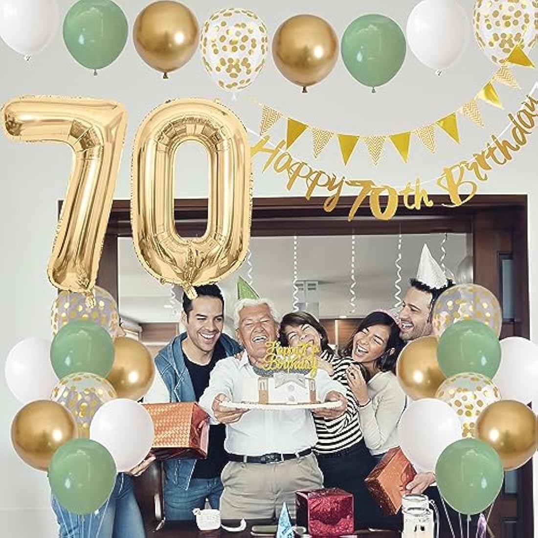 70th Birthday Decorations for Men Women - Sage Green White Gold Balloons with Happy Birthday Banner, Cake Decoration, Number 70 Balloon for Year Old Party Decor