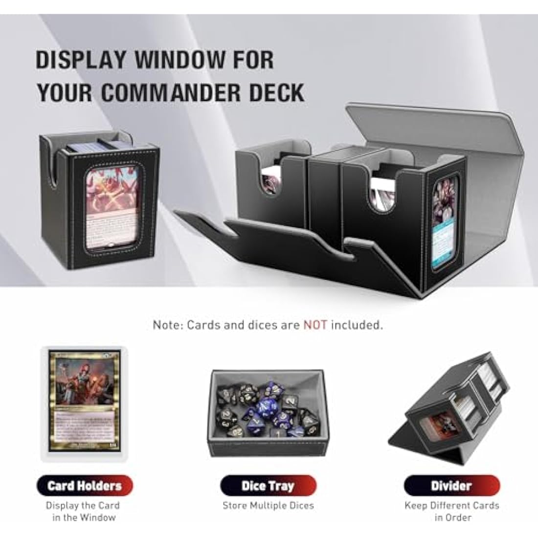 TiMOVO MTG Commander Deck Box, Magnetic Leather Card Deck Case Fits 200+ Double-Sleeved Cards, Card Box with 2 Commander Display & 4 Dividers & Dice Tray Fit YuGiOh TCG CCG Magic Cards, Black & Gray