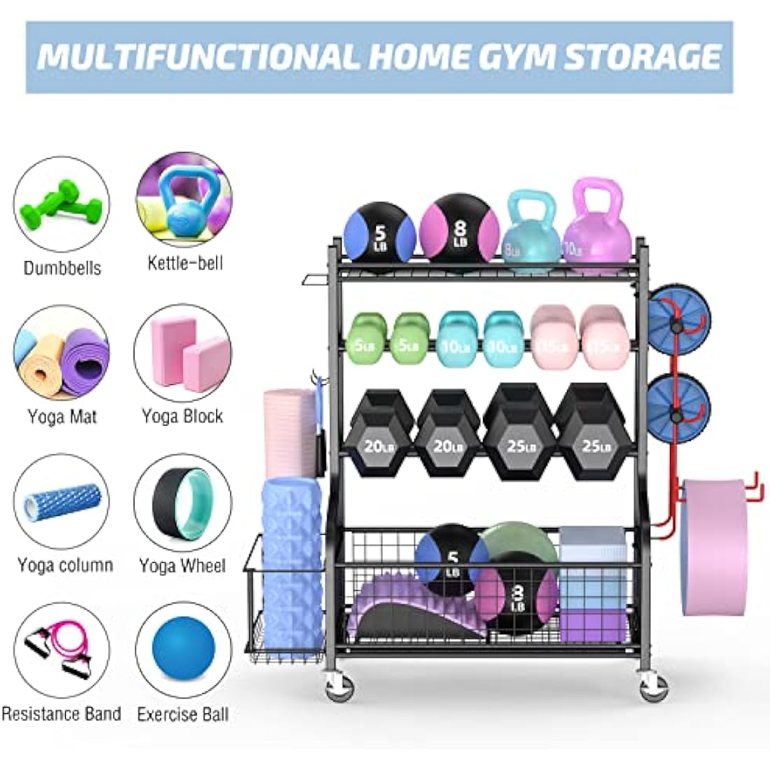 Mythinglogic Dumbbell Rack Stand, Multifunctional Weight Rack for Dumbbells, Yoga Mat, Fascia Roller, Kettlebell and Yoga Block, Powder-Coated Steel Dumbbell Stand with Wheels and Hooks
