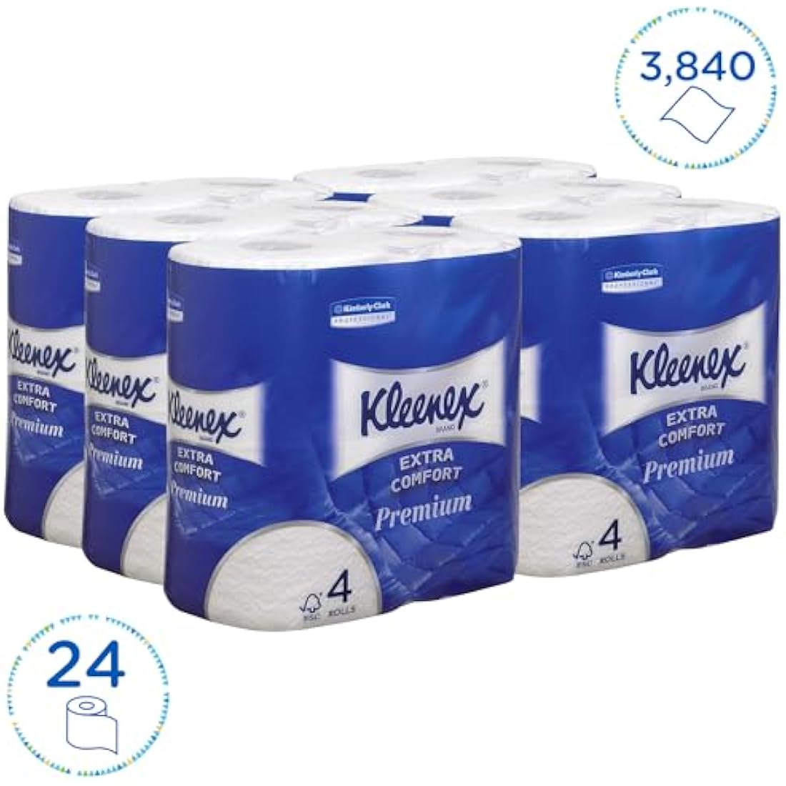 Kleenex Toilet Roll 8484 4-Ply Premium Quilted Toilet Paper, Soft, Flushable, FSC Certified, Luxury Bathroom Tissue, 24 Rolls x 160 Sheets (3,840 Sheets Total)