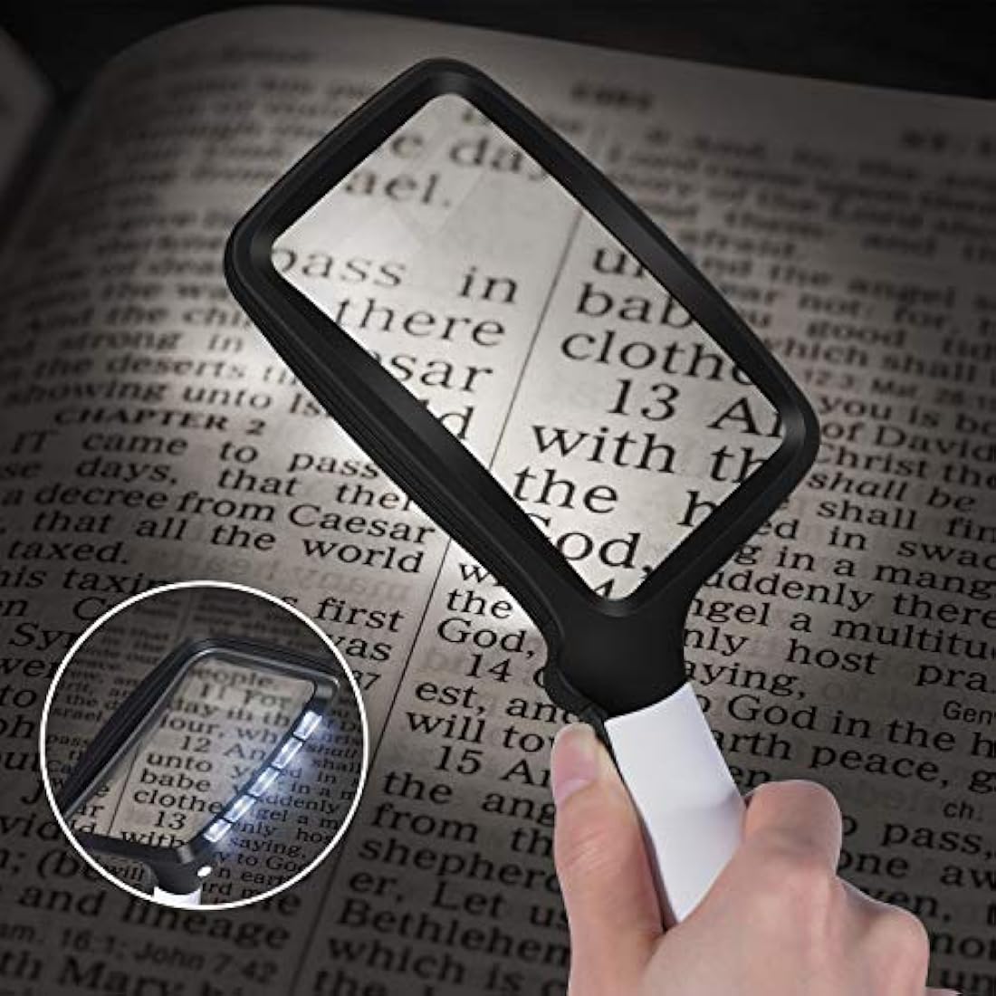 Kaome Rectangular Magnifying Glass with Light Magnifier Large Foldable Handheld 5 LED, 2 Dimming Modes, 2X Magnifying Reading for Seniors Low Vision Books Pages Magazines Newspapers Maps Jewelry