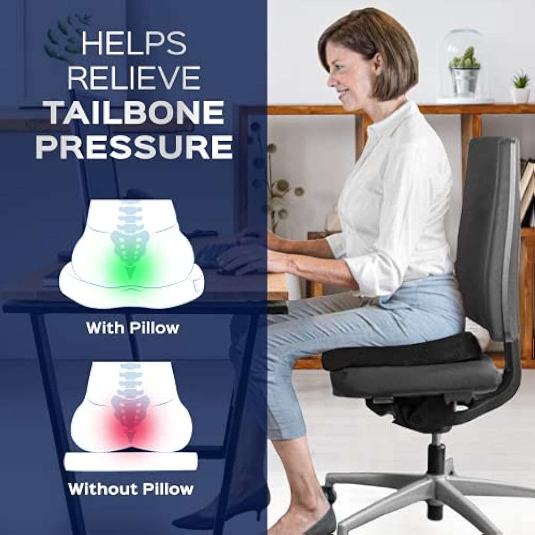 bonmedico Memory Foam Seat Cushion for Office Chair - Non-Slip, Seat Pads for Coccyx Pain Relief to Support Standing - Portable Car Seat Cushion w/Handle for Lower Back Support