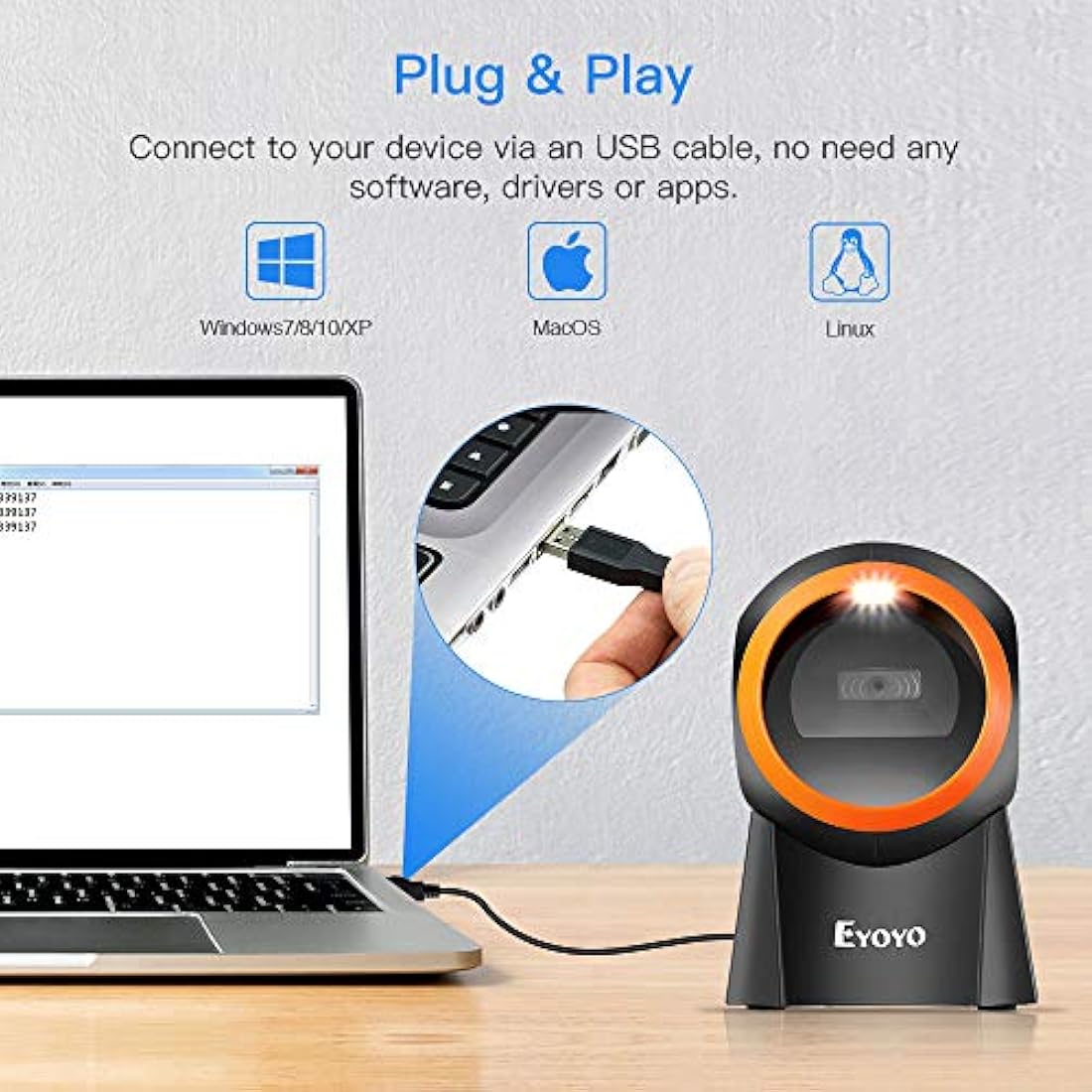 Eyoyo Hands-Free 1D 2D Desktop Barcode Scanner, QR Barcode Reader Support Screen Scanning Platform Scanner for Warehouse, Supermarket, Retail store, Bookstore Pos System