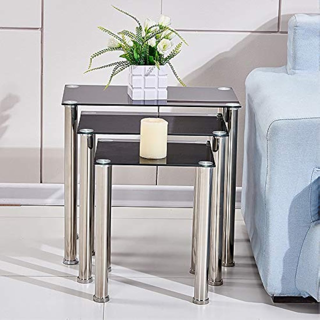 BELIFEGLORY Modern Design Nesting Tables, Set of 3 Coffee Table with Tempered Glass and Stainless Steel Legs, Space Saving Sofa Side Corner End Table (Rectangular - Black)