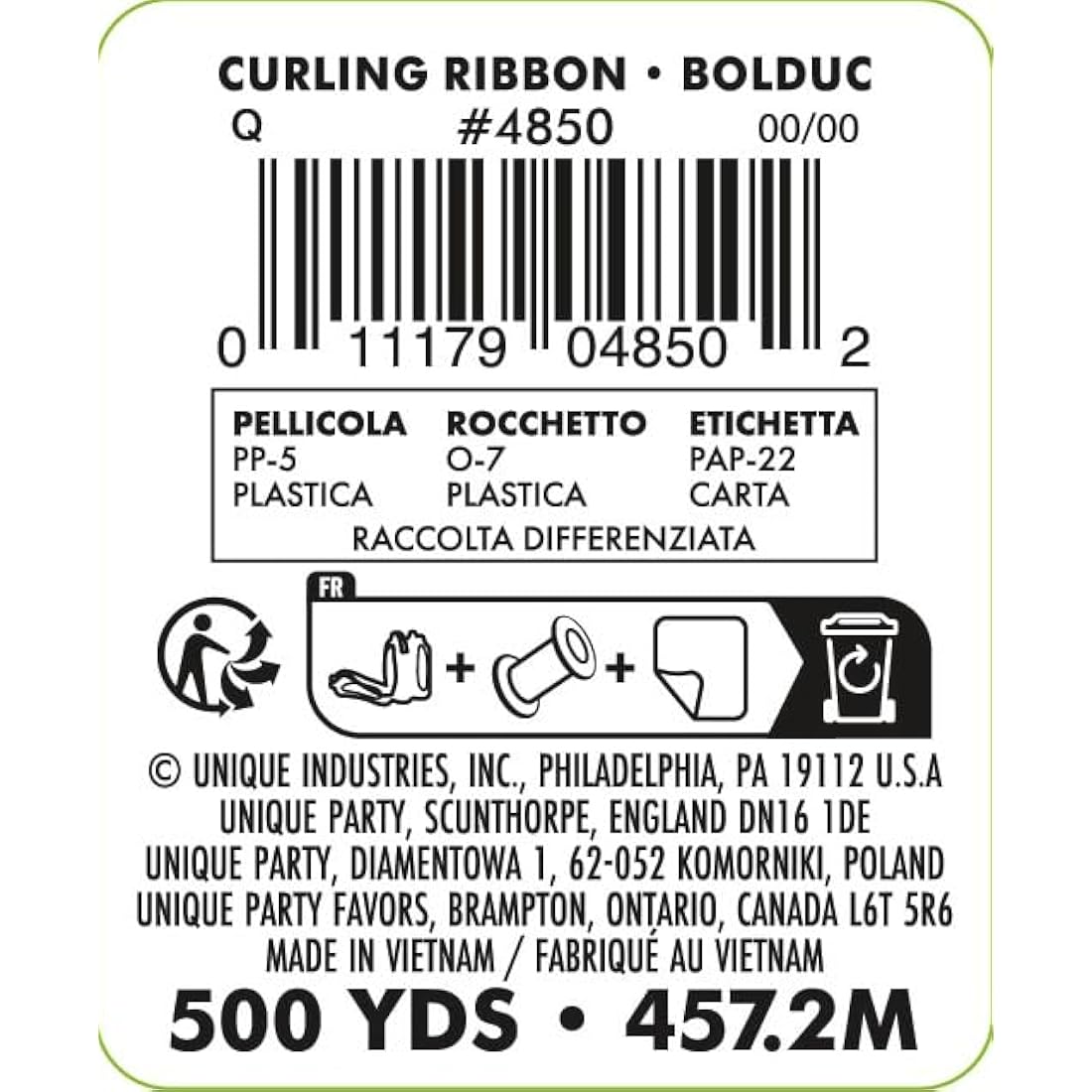 Unique Party 4850 - White Curling Ribbon 500yds (1 Count)