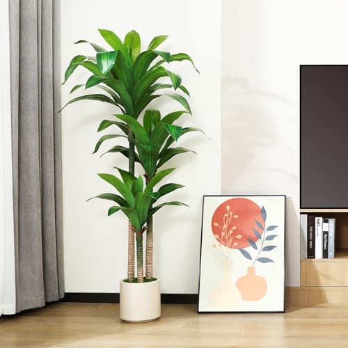 Kazeila Artificial Dracaena Plant 150cm Fake Tall Tree with White Planter,Faux Dragon Tree Plant Indoor Floor Porch Home Decor Office Living Room,1Pcs