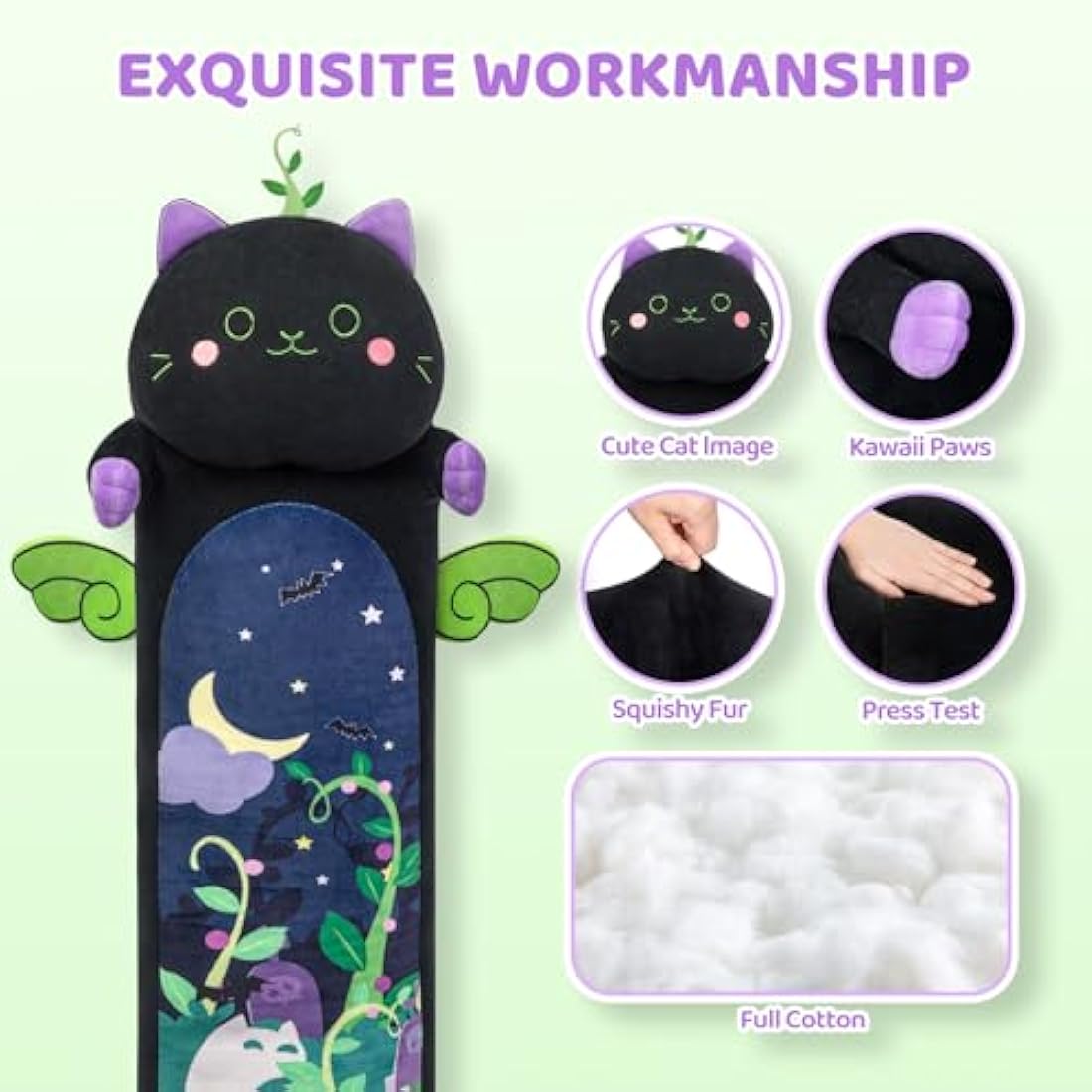 Mewaii 28in Long Devil Mint Cat Plush Pillows Stuffed Animals Squishy Pillows - Plushie Cute Kitty Sleeping Hugging Plush Pillow Soft Toys for Kids(Black)