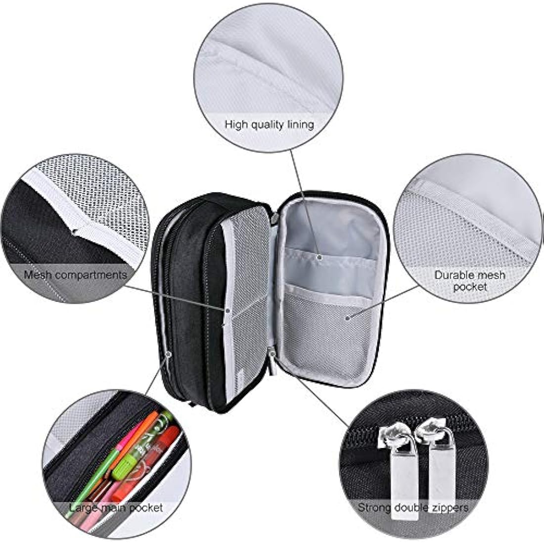 YONZONE Pencil Case Large Capacity Pencil Cases Big Pencil Bag Pen Pouch Holder for Boys Girls Teenage, 3 Compartments Stationery Office School Supplies High Storage Organiser Makeup Bag Adult, Black